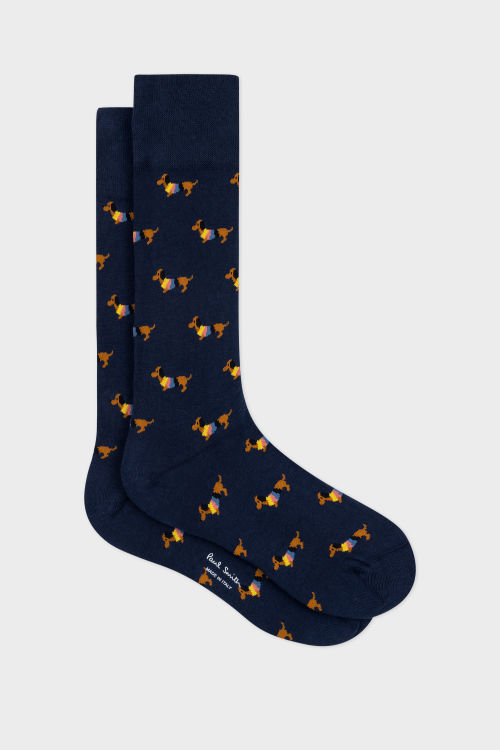 Front View - Navy Blue 'Dog in Jumper' Socks Paul Smith