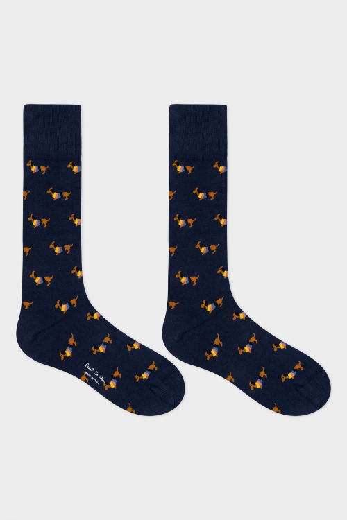 Pair View - Navy Blue 'Dog in Jumper' Socks Paul Smith