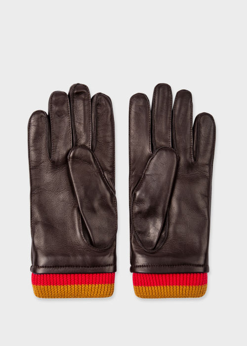 Detail View - Brown Leather 'Artist Stripe' Cuff Gloves Paul Smith