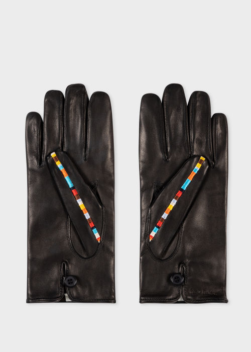 Detail View - Black 'Signature Stripe' Leather Gloves Paul Smith