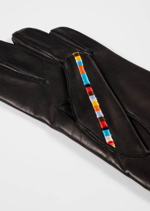 Detail View - Black 'Signature Stripe' Leather Gloves Paul Smith