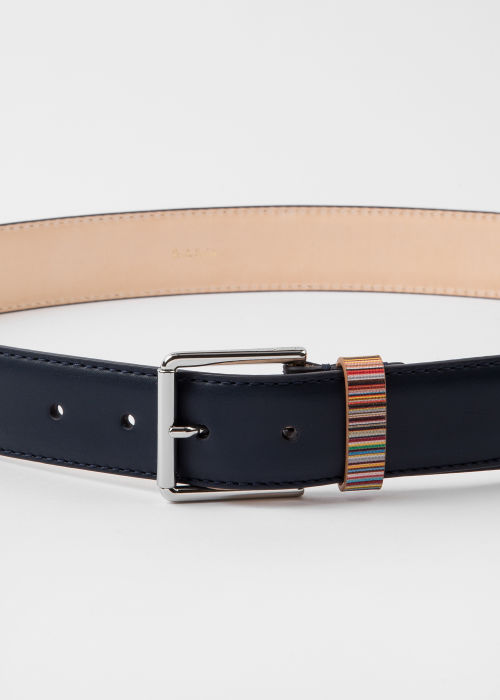 Men's Navy Leather Belt With 'Signature Stripe' Keeper