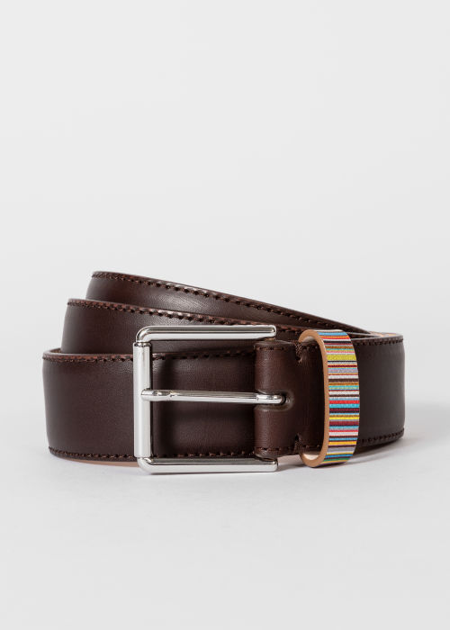 Men's Dark Brown Leather Belt With 'Signature Stripe' Belt by Paul Smith