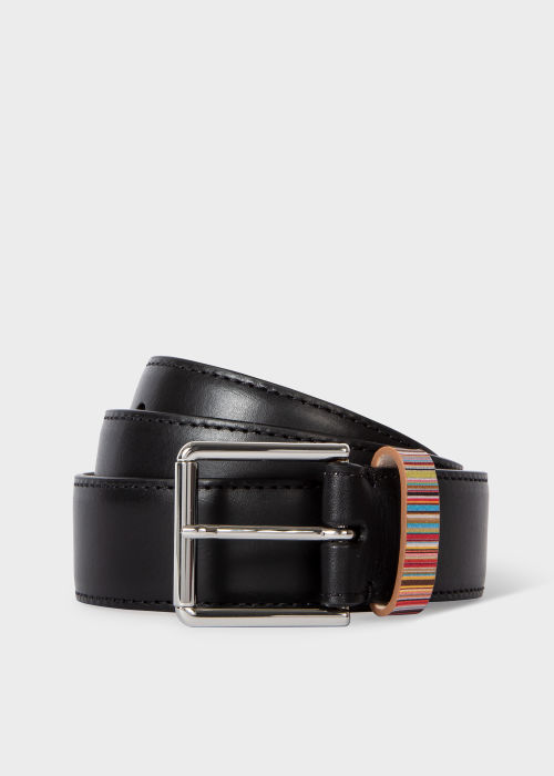 Men's Black Leather Belt With 'Signature Stripe' Keeper by Paul Smith