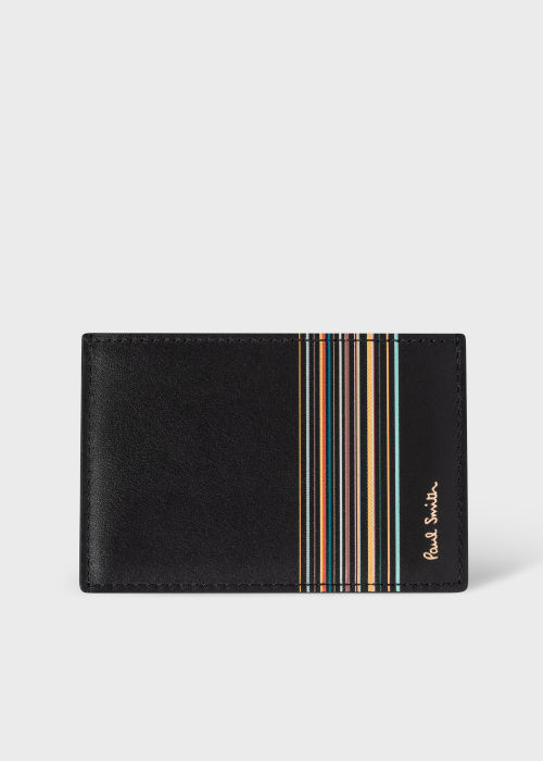 Front View - Black Leather 'Signature Stripe Block' Credit Card Holder Paul Smith