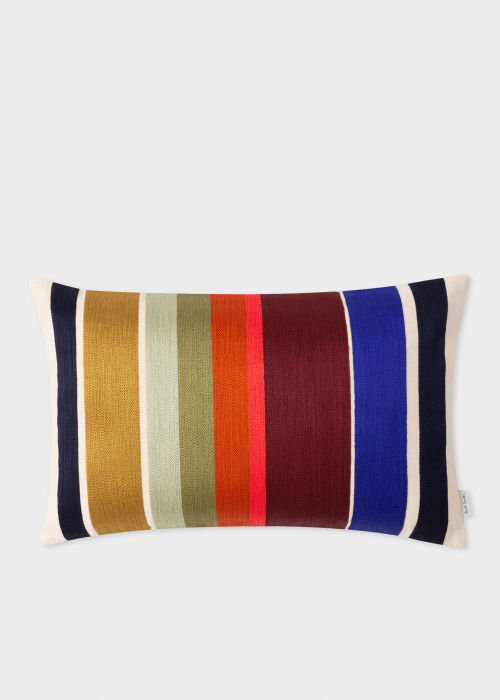 Front View - Ecru Embroidered 'Signature Stripe' Bolster Cushion Paul Smith