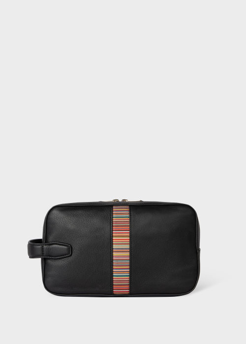 Front view - Black Leather 'Signature Stripe' Wash Bag Paul Smith