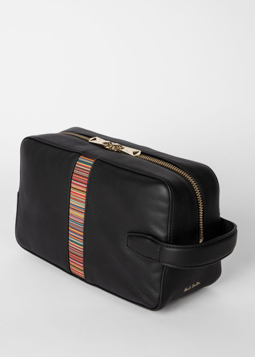 Angled view - Black Leather 'Signature Stripe' Wash Bag Paul Smith