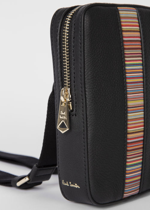 Black Leather 'Signature Stripe' Neck Pouch by Paul Smith