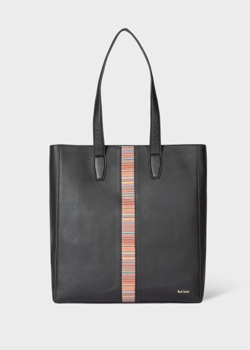 Front view - Black Leather 'Signature Stripe' Tote Bag