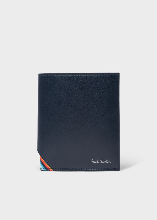 Front View - Navy Leather 'Signature Stripe' Compact Billfold Wallet Paul Smith