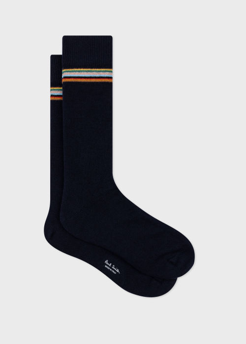 Product view - Men's Navy Wool-Cashmere 'Signature Stripe' Trim Socks Paul Smith
