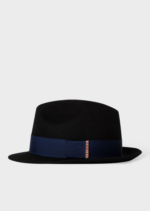 Side view - Men's Black Wool Felt Fedora Hat With Stripe Trim Paul Smith