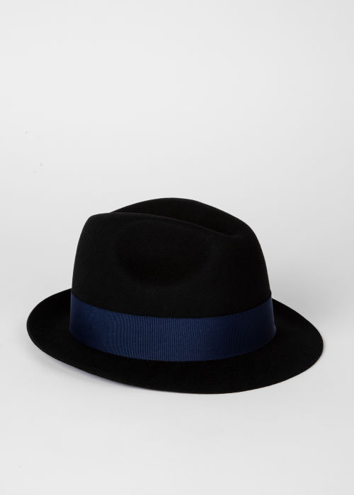 Angled view - Men's Black Wool Felt Fedora Hat With Stripe Trim Paul Smith