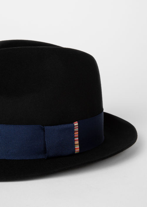 Detail view - Men's Black Wool Felt Fedora Hat With Stripe Trim Paul Smith