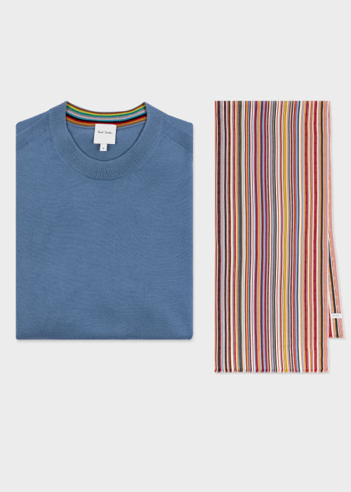 Men's 'Signature Stripe' Scarf & Sky Blue Merino Wool Sweater Gift Set