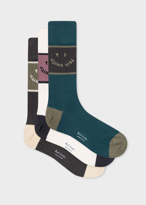 Front View - Neutral Toned 'PS Happy' Socks Three Pack Paul Smith