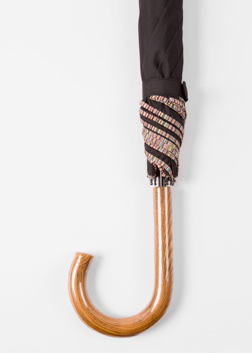 Black 'Signature Stripe' Border Walker Umbrella With Wooden Handle by Paul Smith