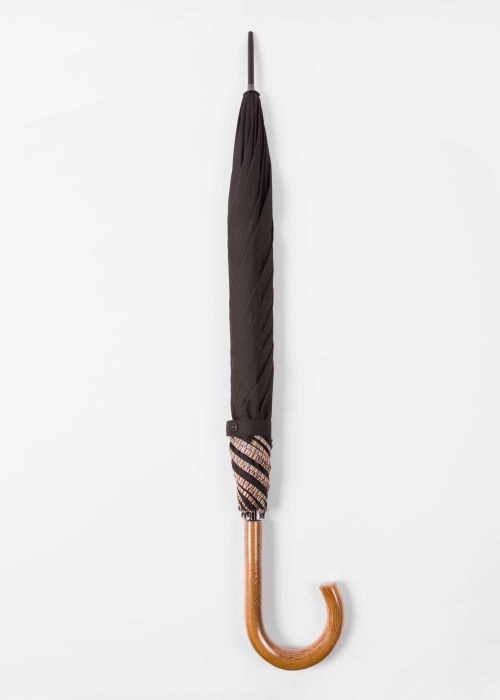 Black 'Signature Stripe' Border Walker Umbrella With Wooden Handle by Paul Smith