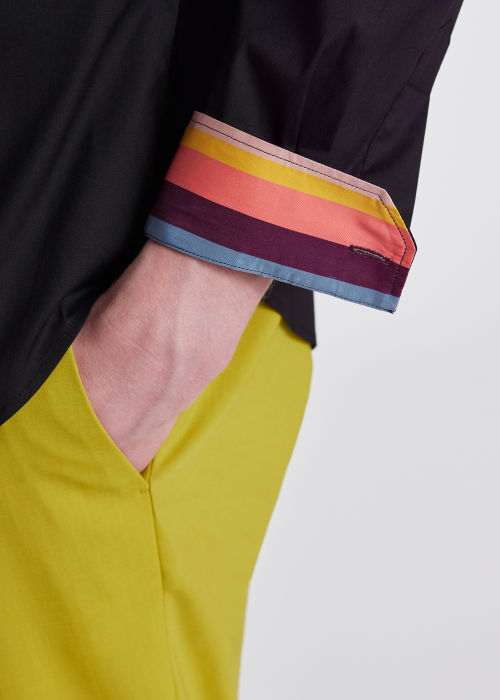 Model View - Super Slim-Fit Black Shirt With 'Artist Stripe' Cuff Lining by Paul Smith