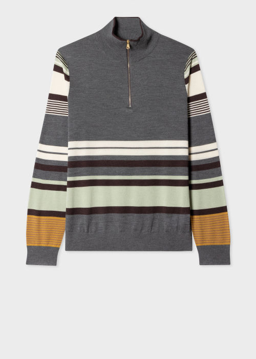 Front View - Grey Multi Stripe Wool-Silk Blend Half Zip Sweater Paul Smith
