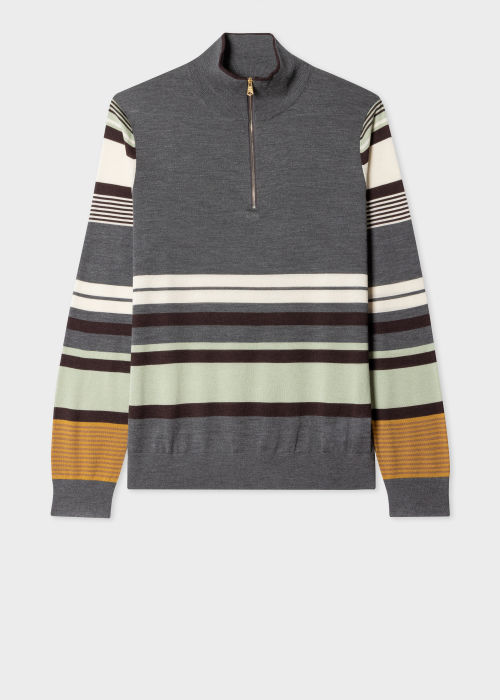 Grey 'Assembled Stripe' Wool-Silk Blend Half Zip Sweater