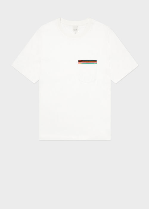 Front view - Men's White 'Signature Stripe' Pocket T-Shirt Paul Smith
