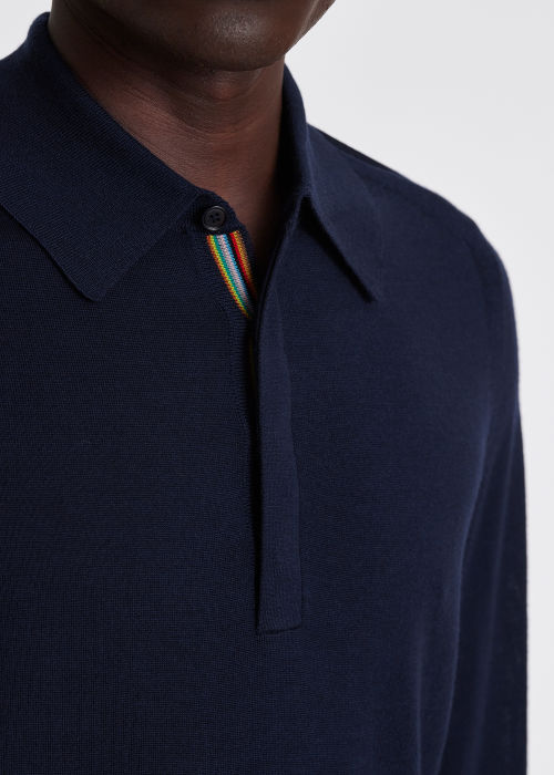 Navy Merino Wool Long-Sleeve Polo Shirt by Paul Smith
