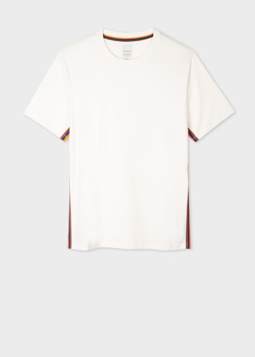 Front view - Men's White Cotton T-Shirt With 'Artist Stripe' Trim Paul Smith