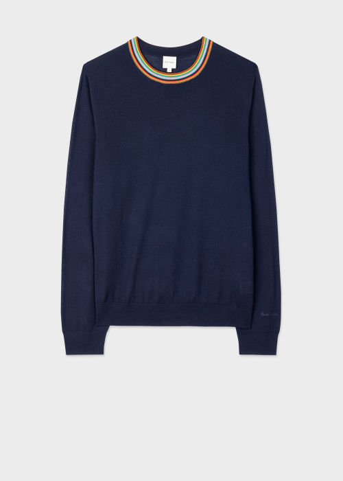 Front view - Men's Navy Merino Sweater With 'Signature Stripe' Collar Paul Smith