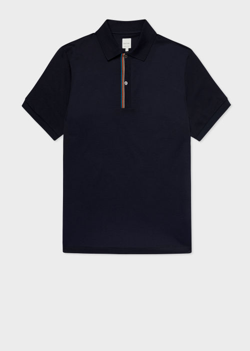 Front view - Men's Dark Navy 'Signature Stripe' Trim Polo Shirt Paul Smith