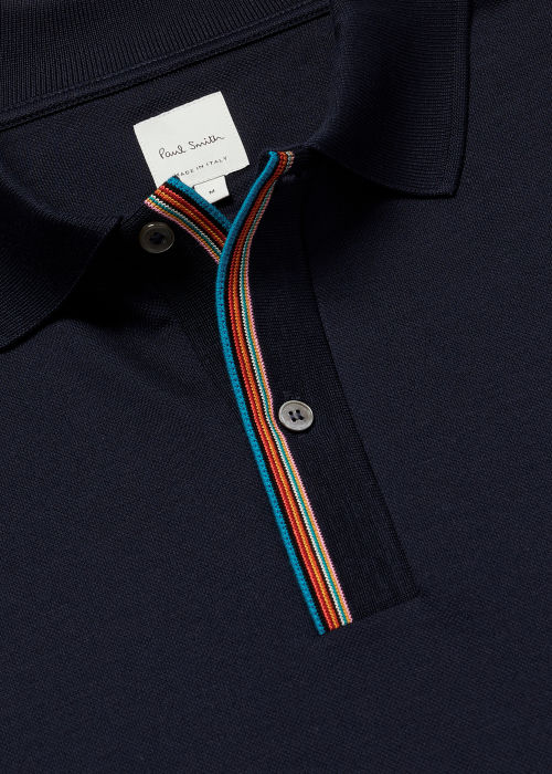 Detail view - Men's Dark Navy 'Signature Stripe' Trim Polo Shirt Paul Smith