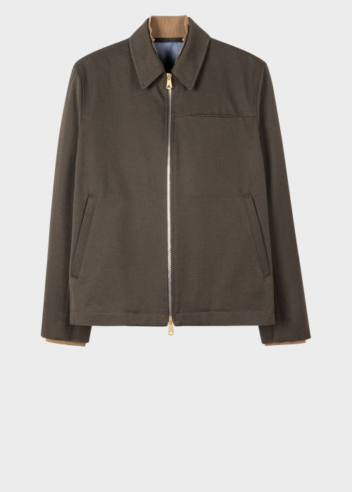 Men's Dark Khaki Cotton-Blend Twill Zip Jacket