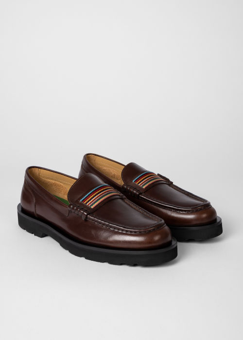 Product View - Men's Dark Brown Leather 'Signature Stripe' 'Bancroft' Loafers Paul Smith