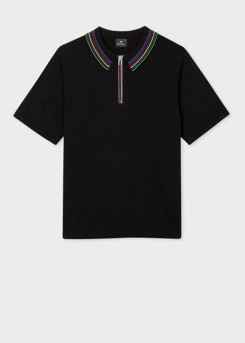 Product View - Men's Black Organic Cotton 'Sports Stripe' Zip Neck Polo Shirt Paul Smith