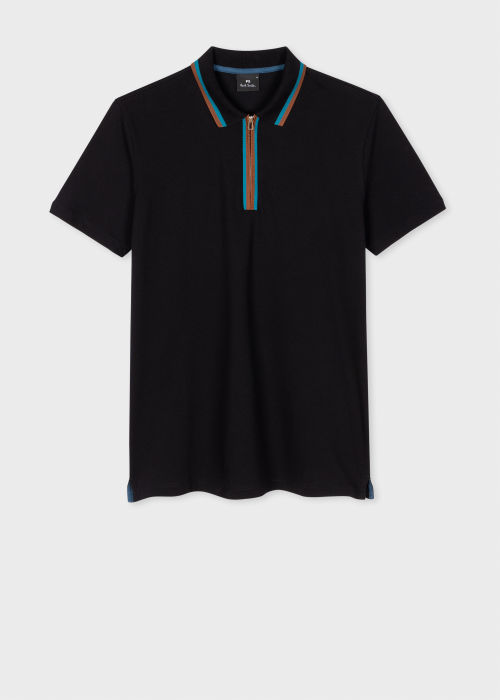 Product view - Men's Black Zip Neck Stretch-Cotton Polo Shirt Paul Smith