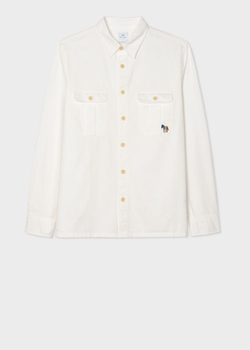 Product View - Men's Casual-Fit White Organic Cotton 'Broad Stripe Zebra' Overshirt Paul Smith