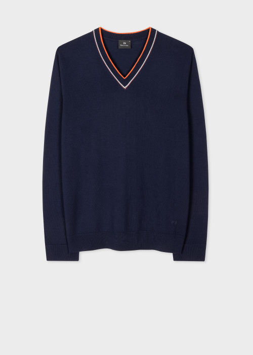 Pull Col V Bleu Marine en Laine Mérinos Paul Smith - Vue de face