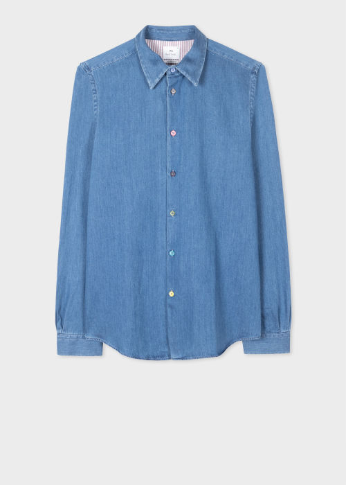 Product View - Men's Tailored-Fit Mid-Wash Denim Shirt With 'Sports Stripe' Buttons Paul Smith