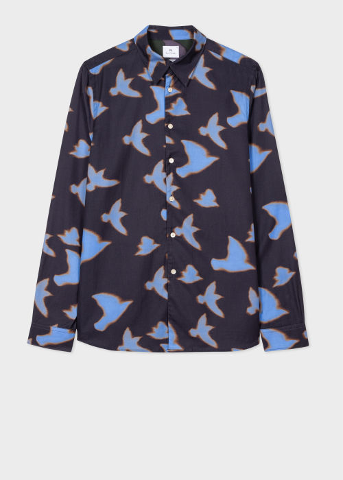 Product view - Men's Blue 'Shadow Birds' Print Lyocell-Cotton Shirt Paul Smith