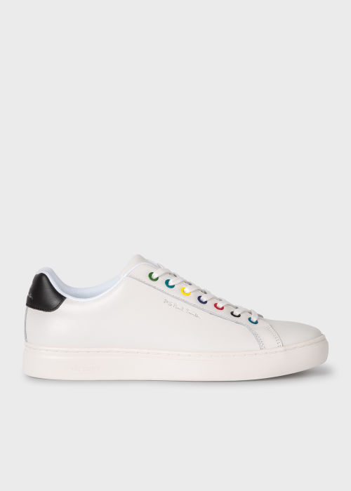Side view - Men's White 'Rex' Trainers With Multi-Colour Eyelets Paul Smith