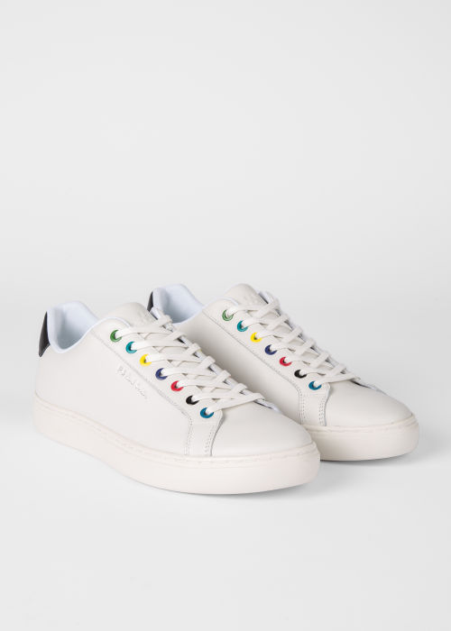 Angled view - Men's White 'Rex' Trainers With Multi-Colour Eyelets Paul Smith