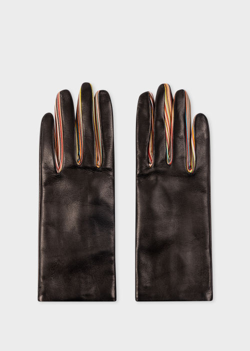 Product View - Women's Black Leather 'Signature Stripe' Gloves Paul Smith