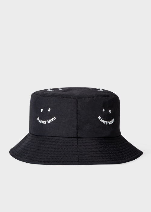 Front View - 'Happy' Black Embroidered Bucket Hat Paul Smith