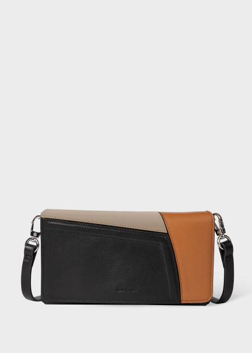 Front View - Women's Black and Tan Leather 'Patchwork' Phone Bag Paul Smith