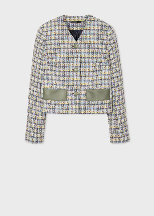 Front View - Women's Blue Tweed Leather Trimmed Jacket Paul Smith