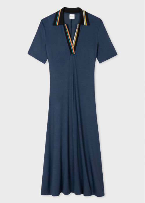 Front View - Women's Navy Jersey 'Signature Stripe' Polo Dress Paul Smith