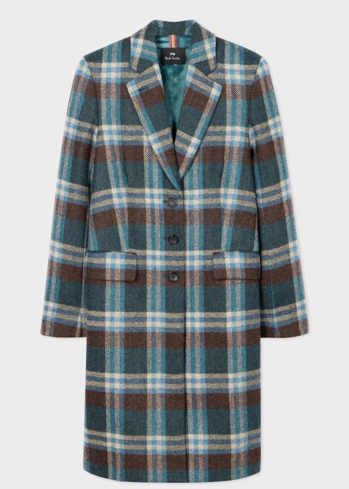 Front View - Women's Blue Tartan Wool Epsom Coat Paul Smith