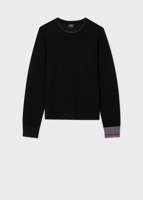 Women's Black Wool Sweater With Metallic Cuff