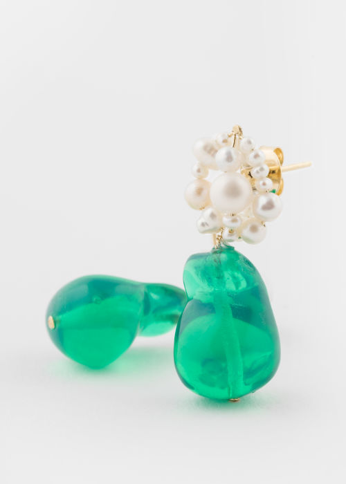 'Tra‐la‐la' Pearl & Green Resin Earrings by Completedworks